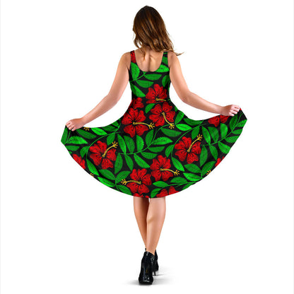 Red Hibiscus Embroidered Pattern Print Design HB032 Midi Dress
