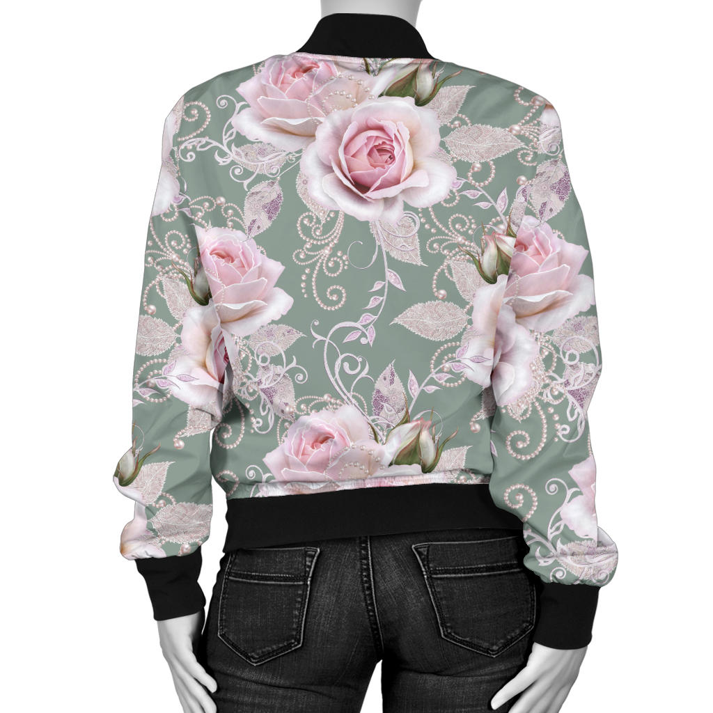 Rose White Pattern Print Design RO012 Women Bomber Jacket