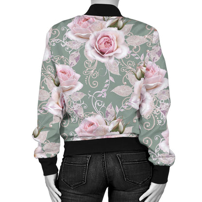 Rose White Pattern Print Design RO012 Women Bomber Jacket