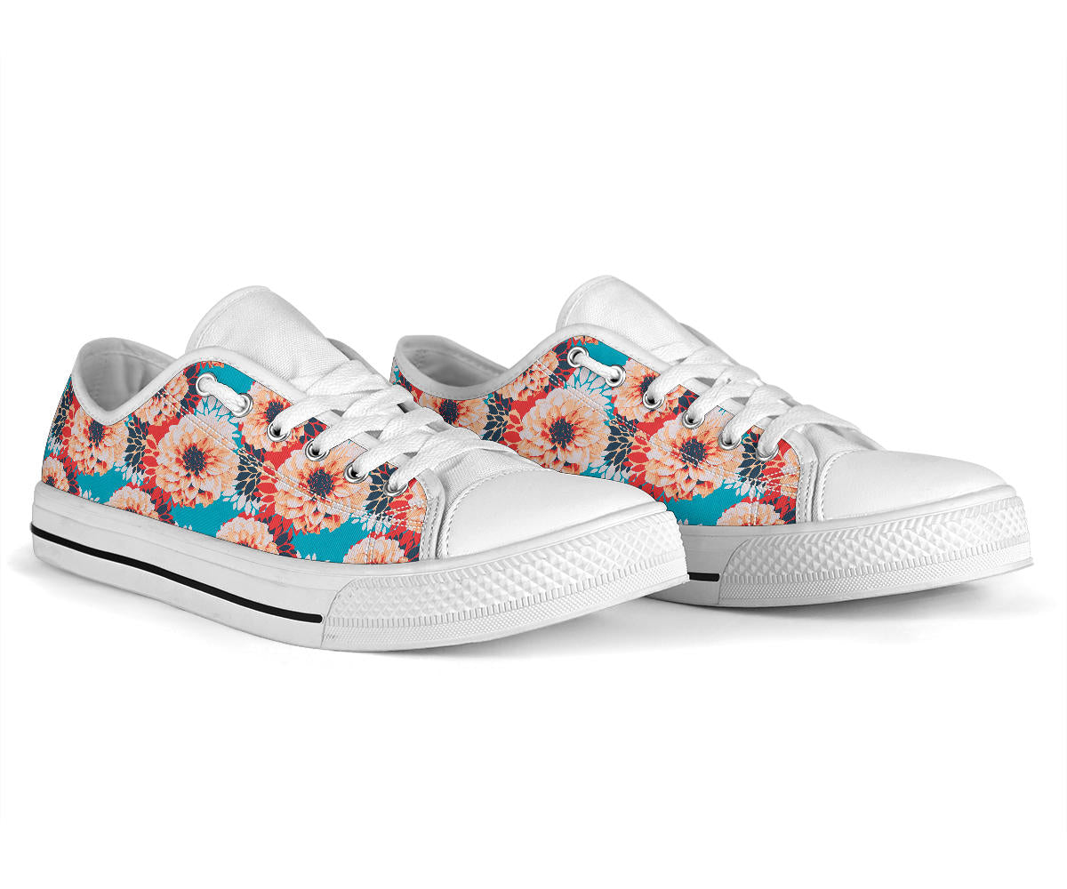 Dahlia Pattern Print Design DH05 White Bottom Low Top Shoes