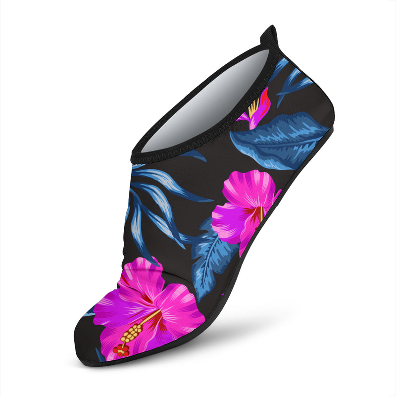 Neon Pink Hibiscus Pattern Print Design HB015 Aqua Water Shoes