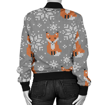 Knit Red Fox Pattern Print Design 02 Women's Bomber Jacket