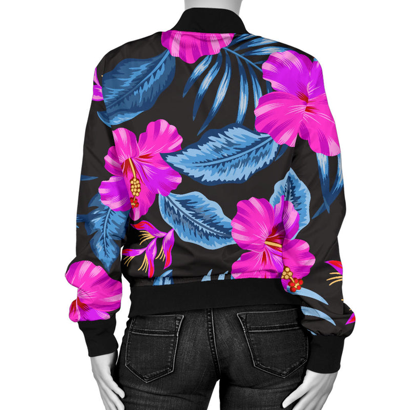 Neon Pink Hibiscus Pattern Print Design HB015 Women Bomber Jacket