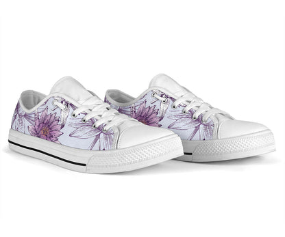 Water Lily Pattern Print Design WL01 White Bottom Low Top Shoes