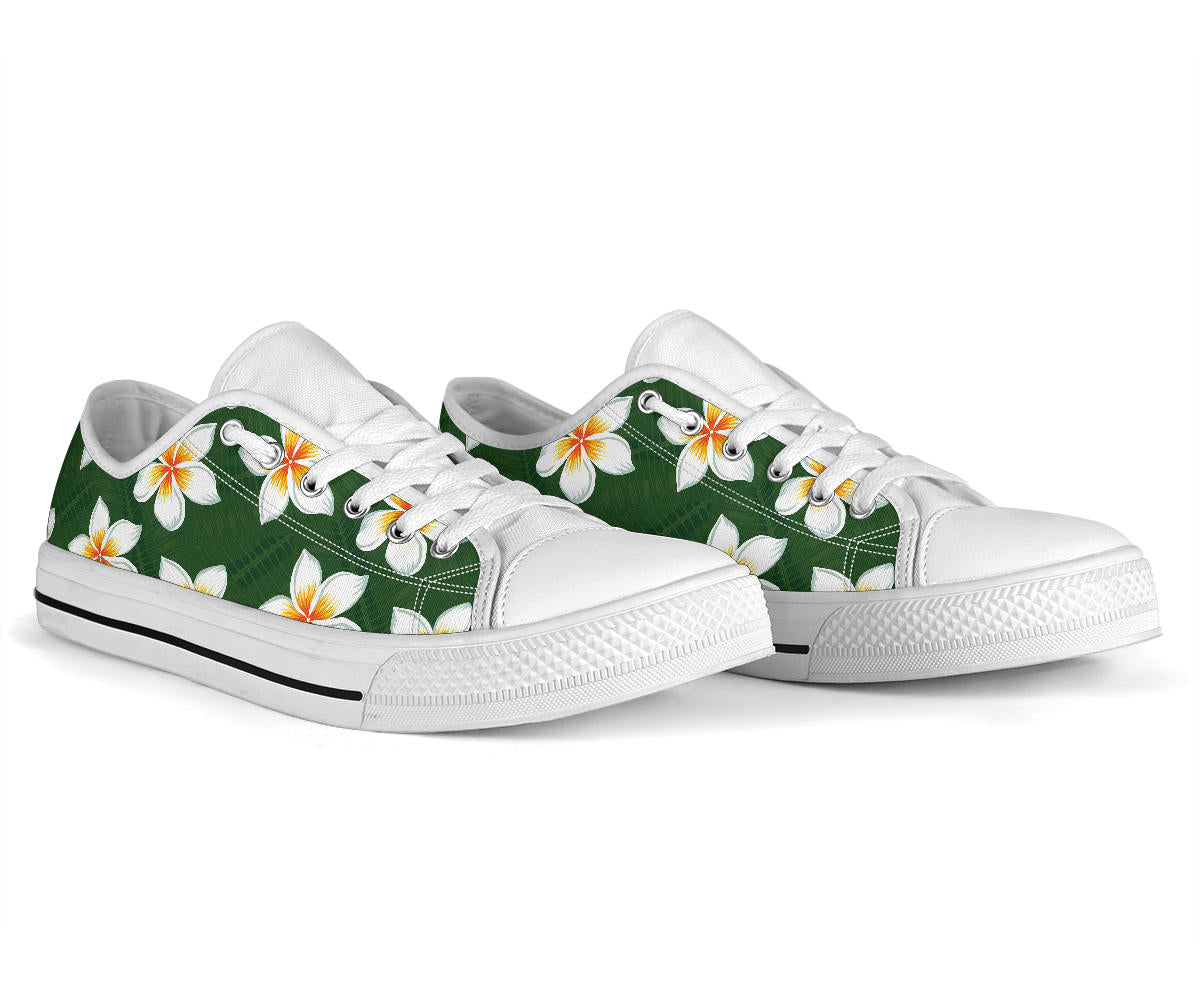 White Plumeria Pattern Print Design PM020 White Bottom Low Top Shoes