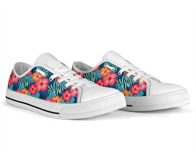 Red Hibiscus Pattern Print Design HB02 White Bottom Low Top Shoes