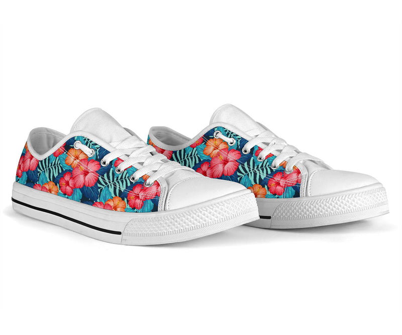 Red Hibiscus Pattern Print Design HB02 White Bottom Low Top Shoes