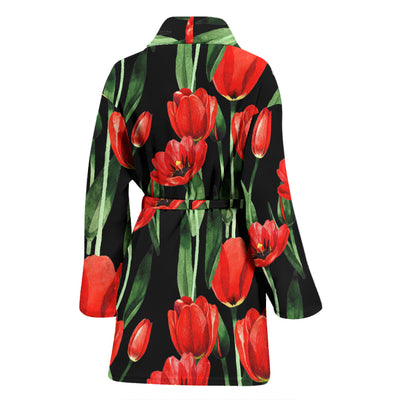 Tulip Red Pattern Print Design TP03 Women Bathrobe