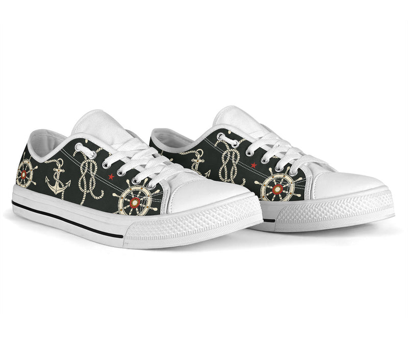 Nautical Anchor Pattern White Bottom Low Top Shoes