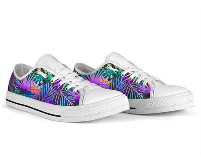 Neon Flower Tropical Palm Leaves White Bottom Low Top Shoes