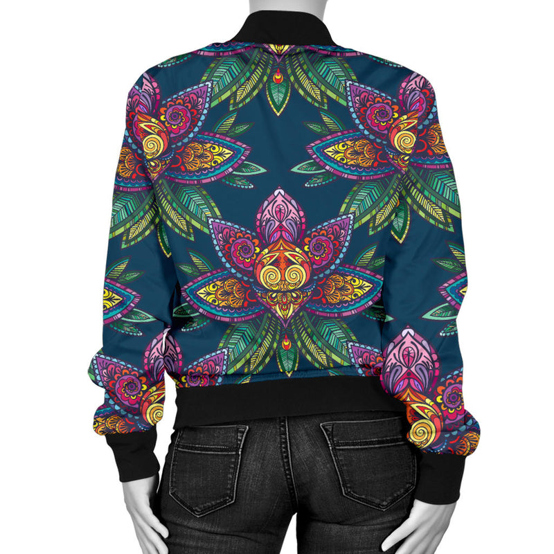 lotus Boho Pattern Print Design LO04 Women Bomber Jacket