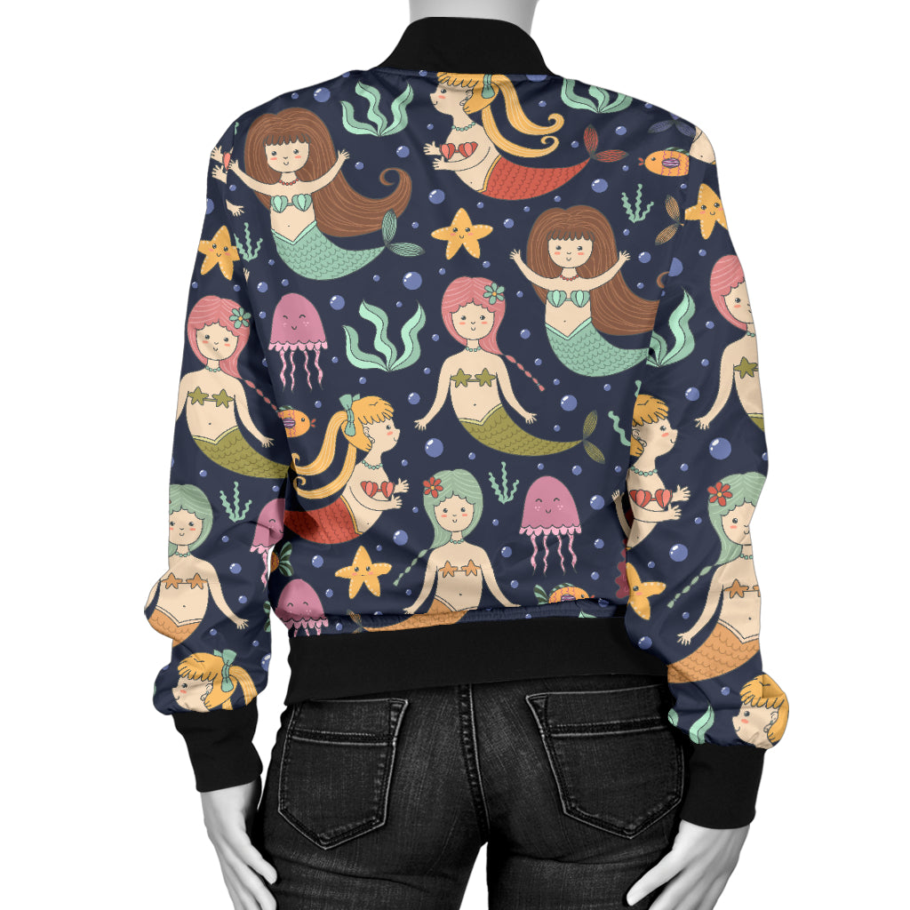 Mermaid Cartoon Pattern Print Design 03 Women's Bomber Jacket