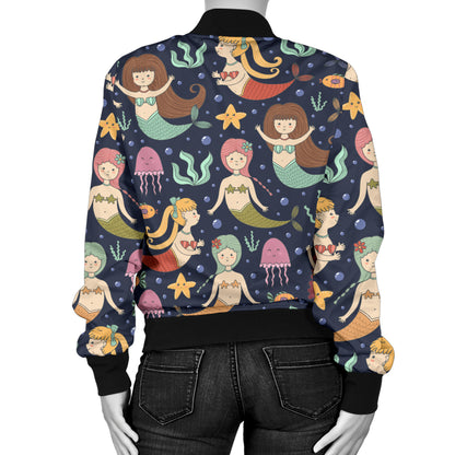 Mermaid Cartoon Pattern Print Design 03 Women's Bomber Jacket