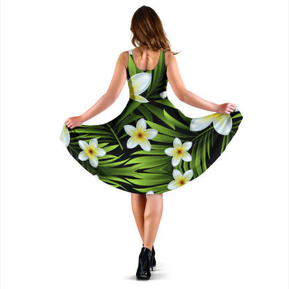 White Plumeria Pattern Print Design PM06 Midi Dress