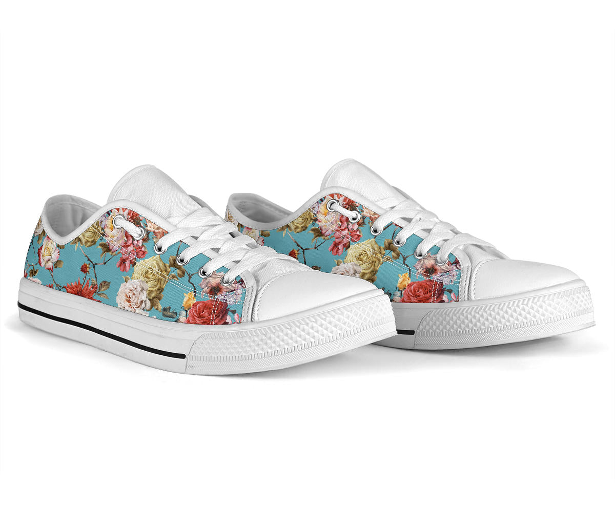 Summer Floral Pattern Print Design SF05 White Bottom Low Top Shoes