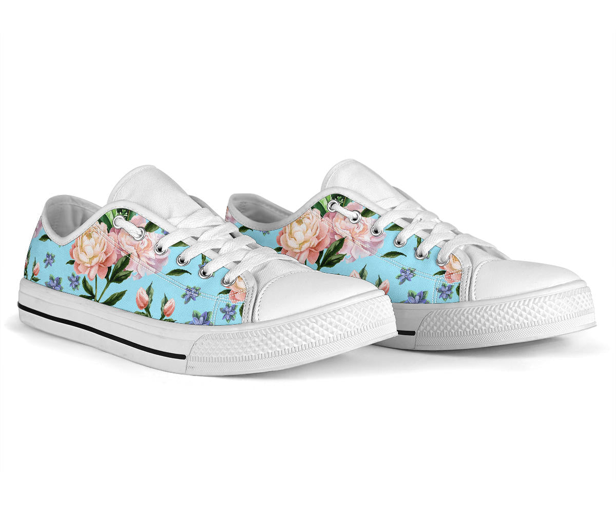 Peony Pattern Print Design PE02 White Bottom Low Top Shoes