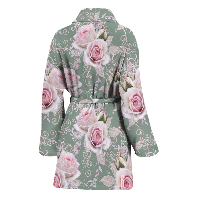 Rose White Pattern Print Design RO012 Women Bathrobe