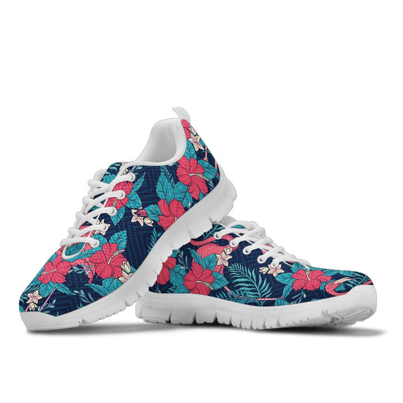 Flamingo Red Hibiscus Pattern Sneakers White Bottom Shoes