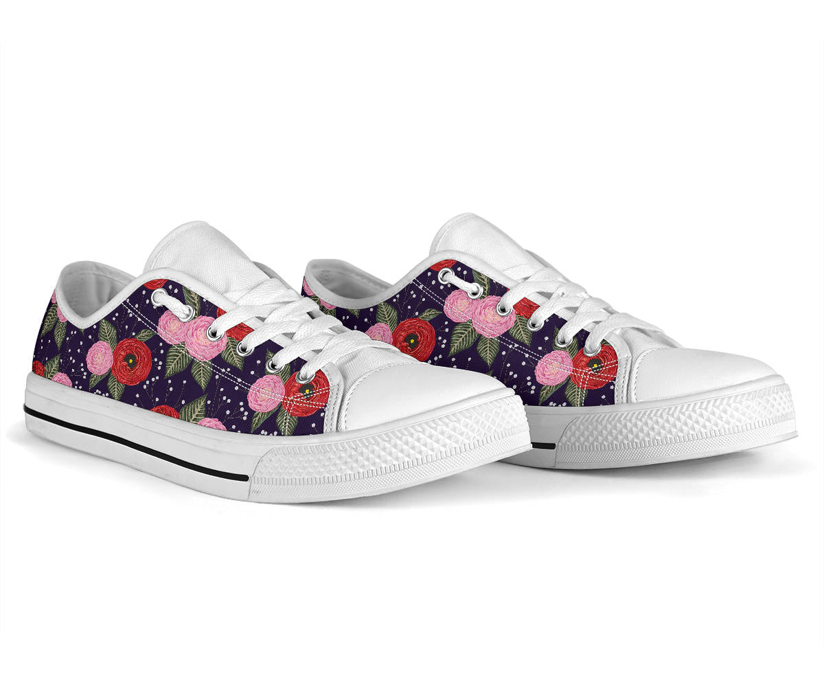 Camellia Pattern Print Design CM02 White Bottom Low Top Shoes