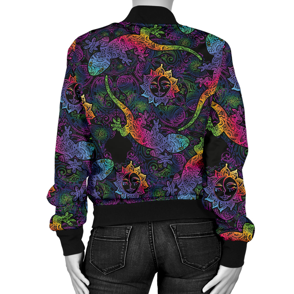 Gecko Rainbow Pattern Print Design 03 Women's Bomber Jacket