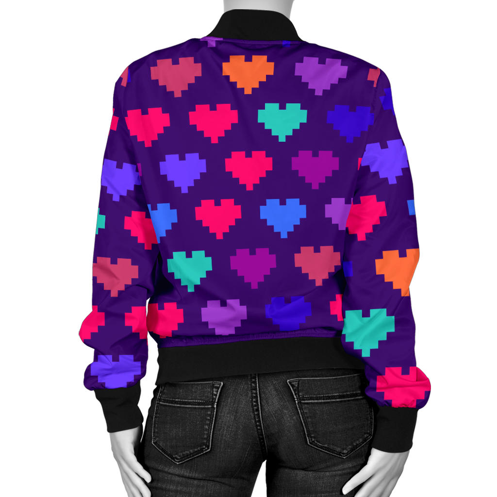 Heart Pixel Pattern Print Design HE03 Women Bomber Jacket