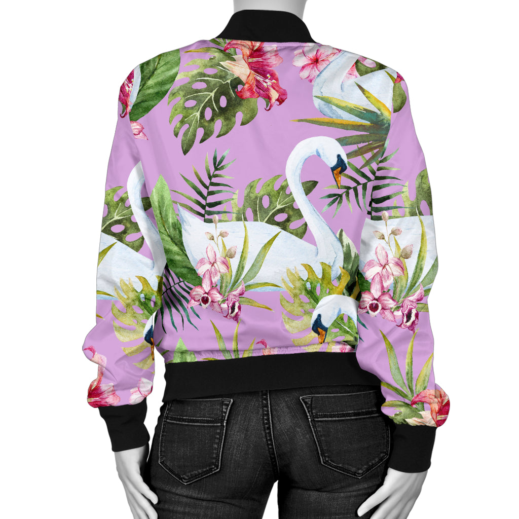 Swan with Flower Pattern Print Design 01 Women's Bomber Jacket