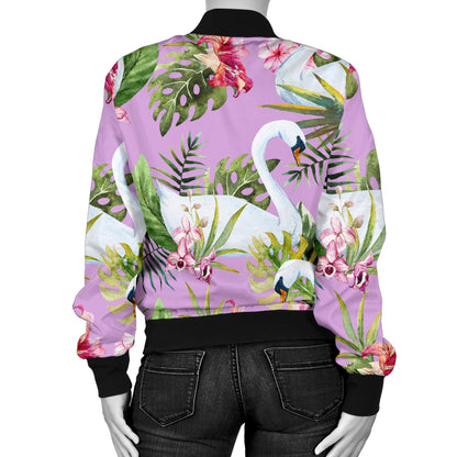 Swan with Flower Pattern Print Design 01 Women's Bomber Jacket