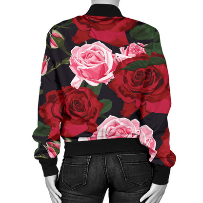Rose Red Pink Pattern Print Design RO01 Women Bomber Jacket