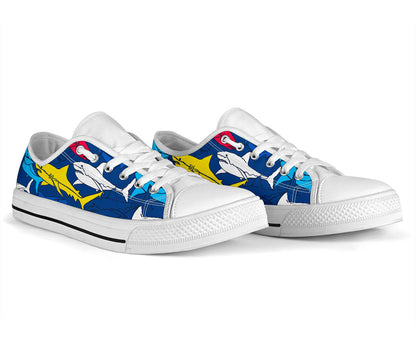 Shark Color Pattern White Bottom Low Top Shoes