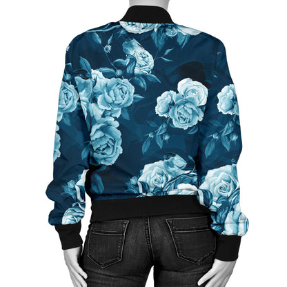 Rose Blue Pattern Print Design RO014 Women Bomber Jacket