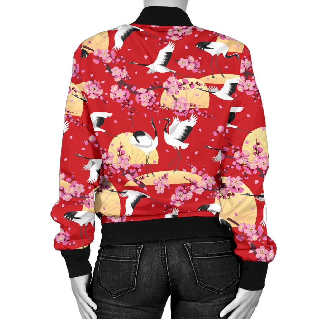 Crane Pattern Print Design 04 Women's Bomber Jacket