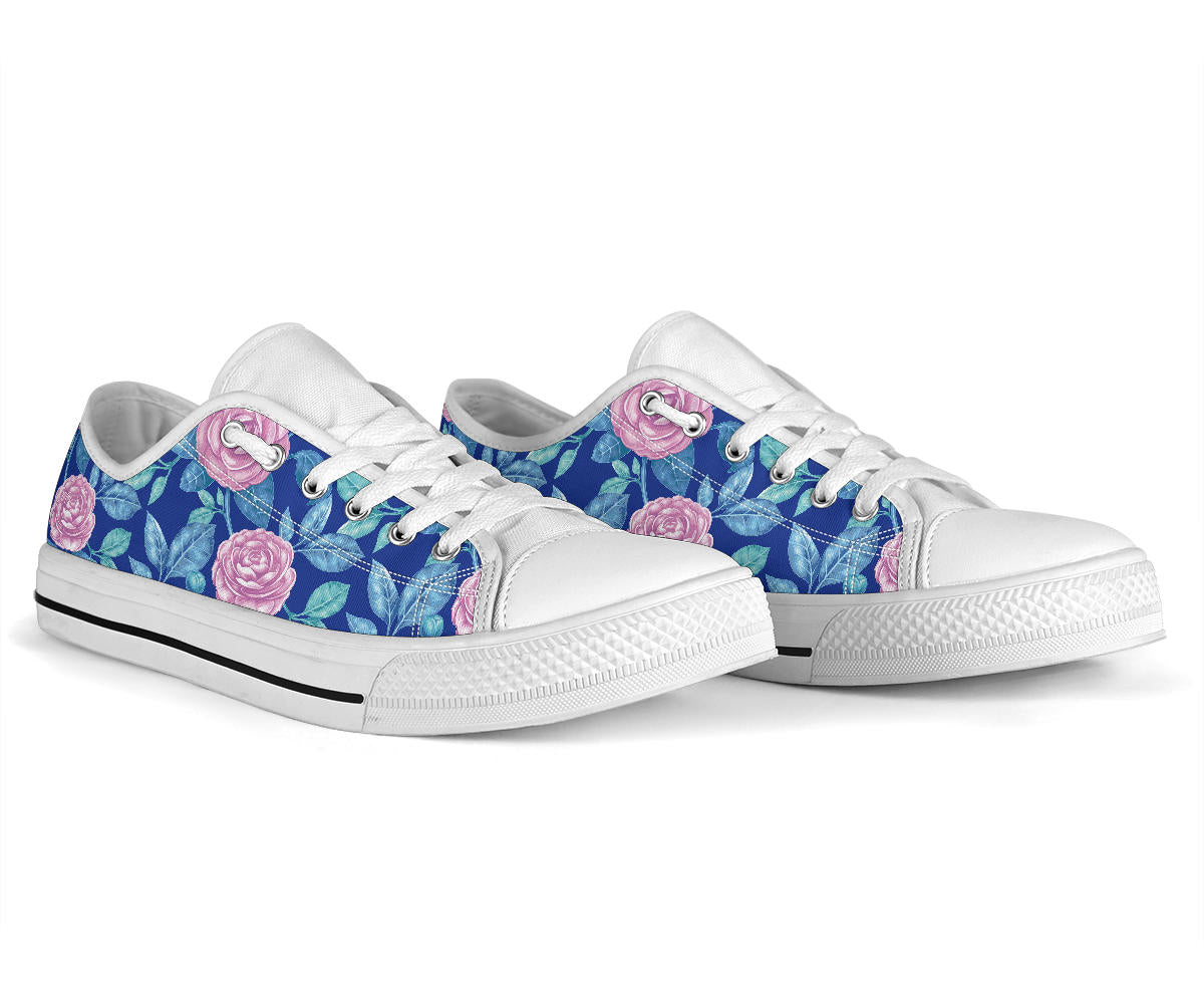 Camellia Pattern Print Design CM05 White Bottom Low Top Shoes