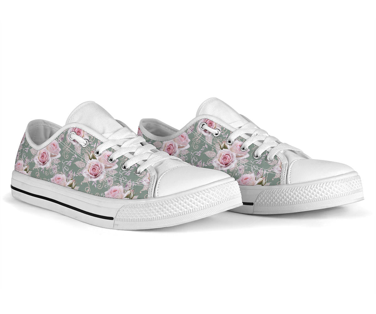 Rose White Pattern Print Design RO012 White Bottom Low Top Shoes