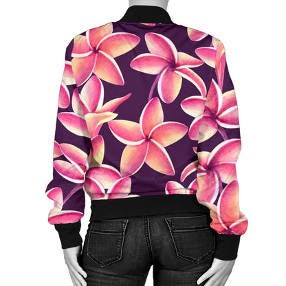 Purple Plumeria Pattern Print Design PM010 Women Bomber Jacket