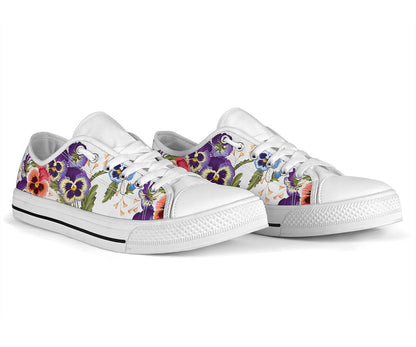 Pansy Pattern Print Design PS06 White Bottom Low Top Shoes