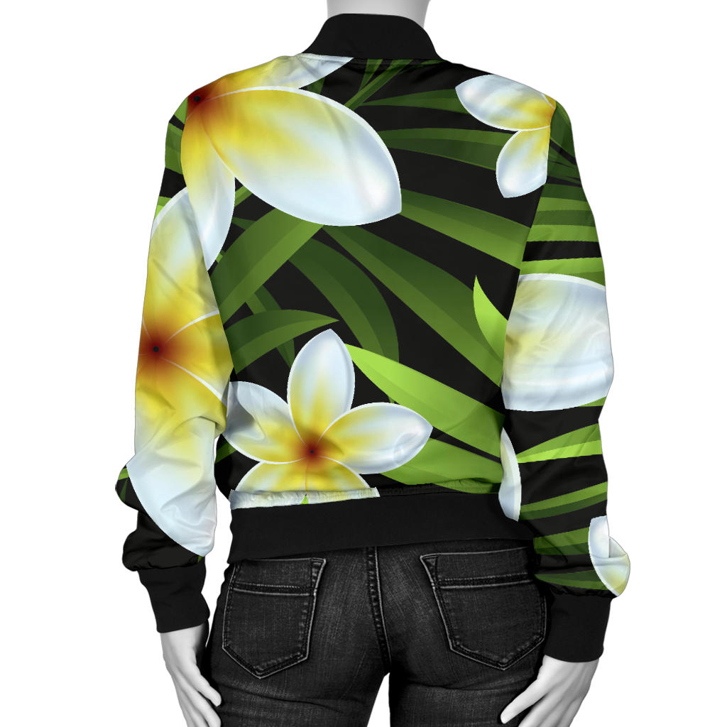 White Plumeria Pattern Print Design PM06 Women Bomber Jacket