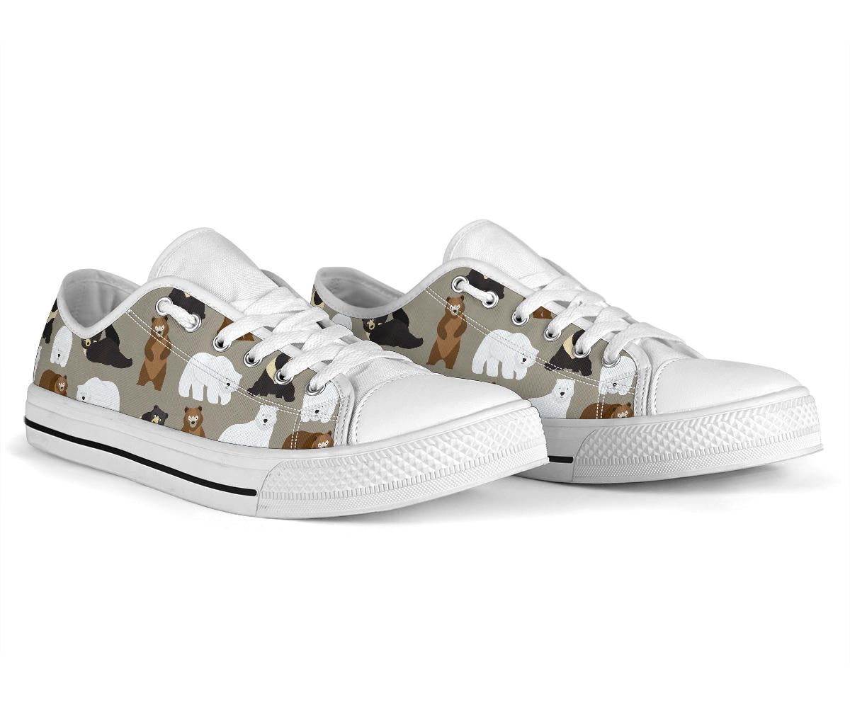 Bear Pattern Print Design BE03 White Bottom Low Top Shoes