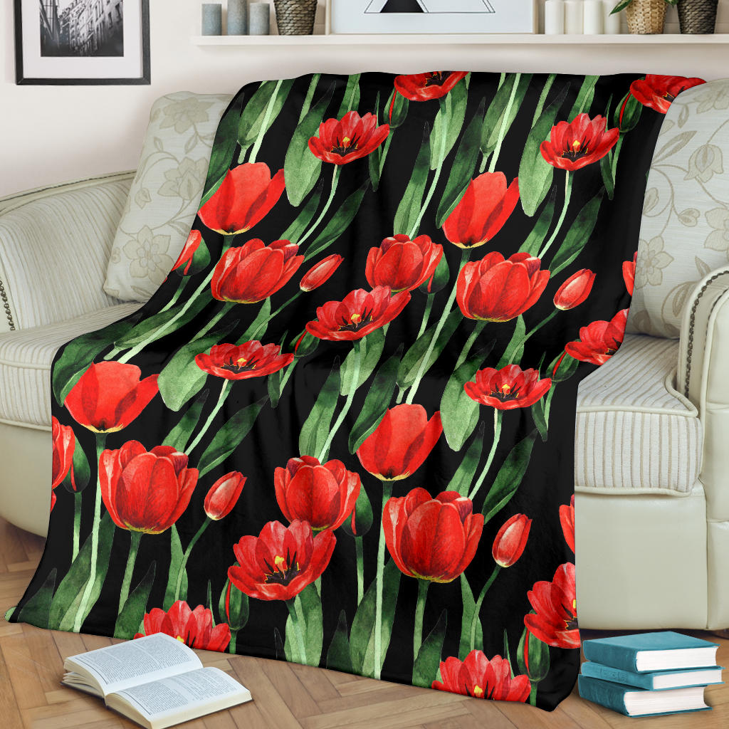 Tulip Red Pattern Print Design TP03 Fleece Blanket