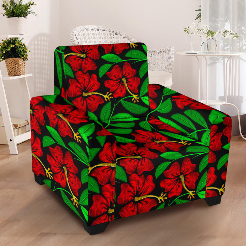 Red Hibiscus Embroidered Pattern Print Design HB032 Armchair Slipcover