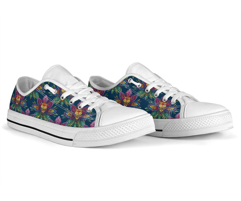 lotus Boho Pattern Print Design LO04 White Bottom Low Top Shoes