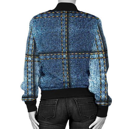 Jean Patchwork Pattern Print Design 02 Women's Bomber Jacket