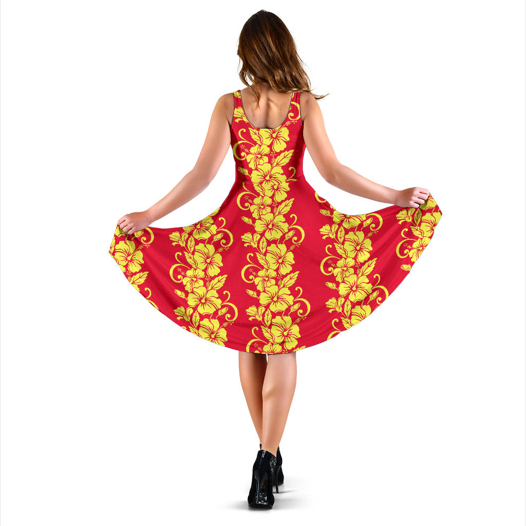 Orange Hibiscus Pattern Print Design HB018 Midi Dress