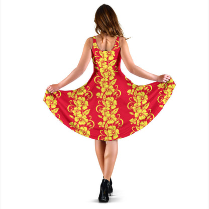 Orange Hibiscus Pattern Print Design HB018 Midi Dress