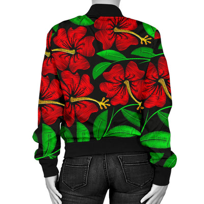 Red Hibiscus Embroidered Pattern Print Design HB032 Women Bomber Jacket