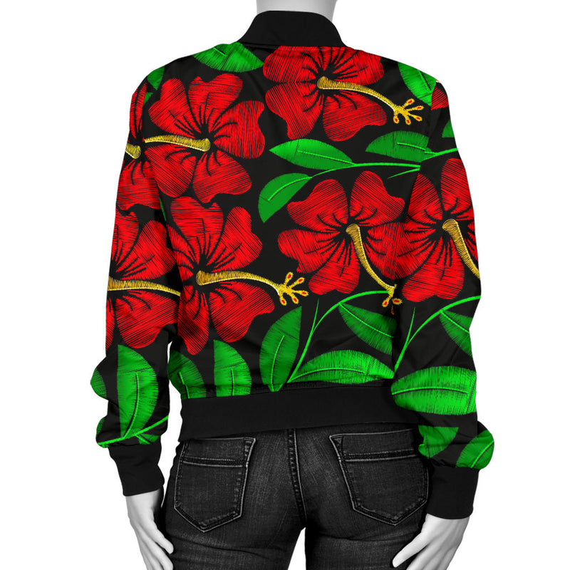 Red Hibiscus Embroidered Pattern Print Design HB032 Women Bomber Jacket