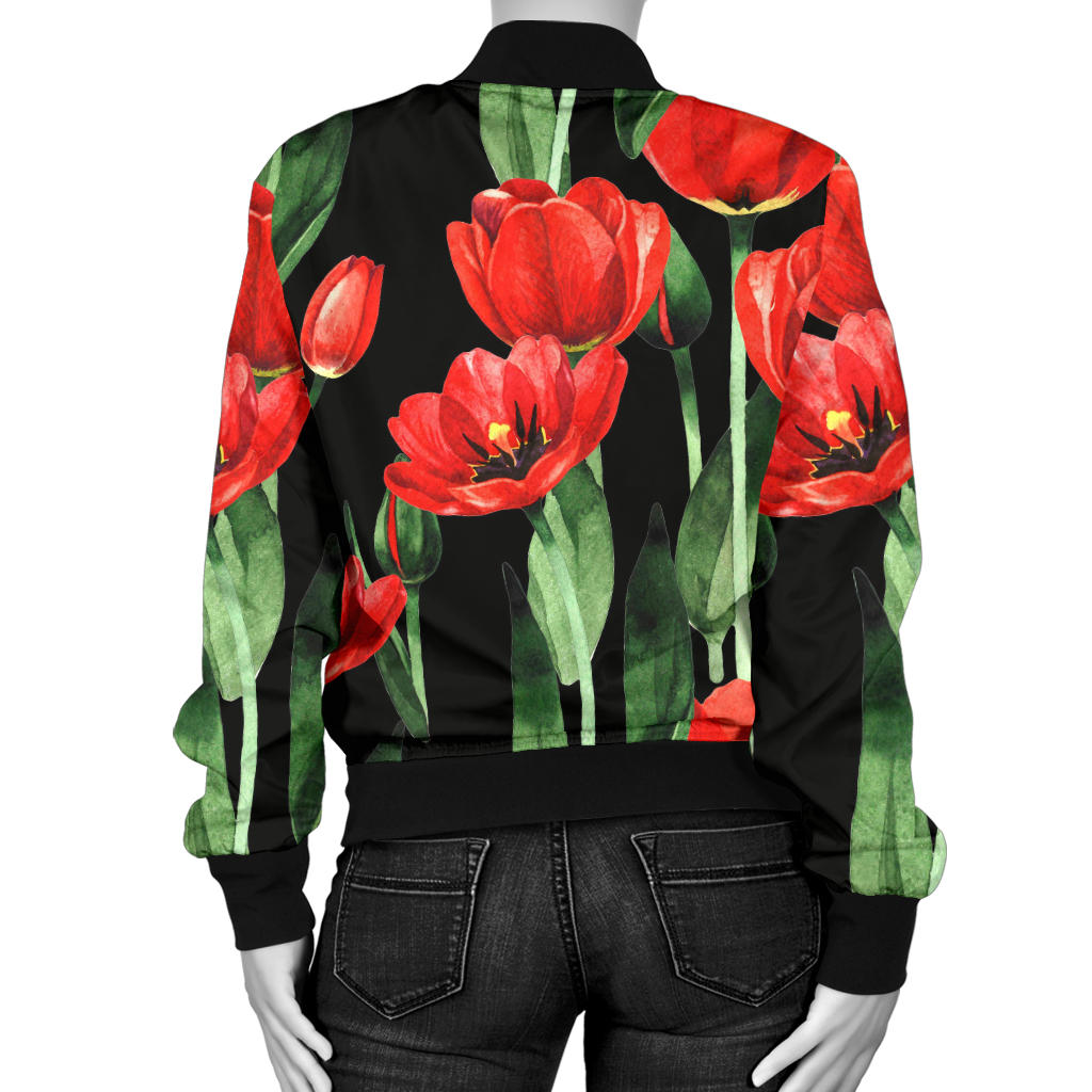 Tulip Red Pattern Print Design TP03 Women Bomber Jacket