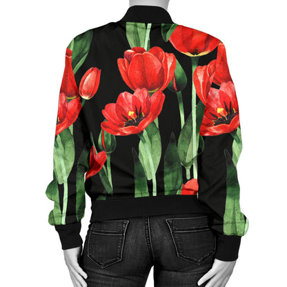Tulip Red Pattern Print Design TP03 Women Bomber Jacket