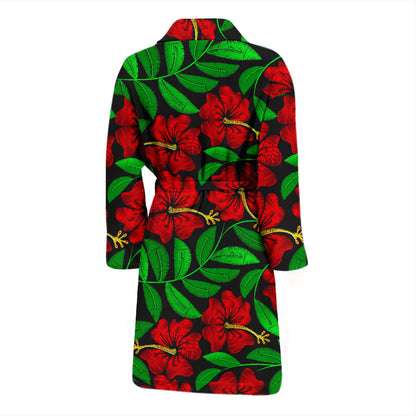 Red Hibiscus Embroidered Pattern Print Design HB032 Men Bathrobe