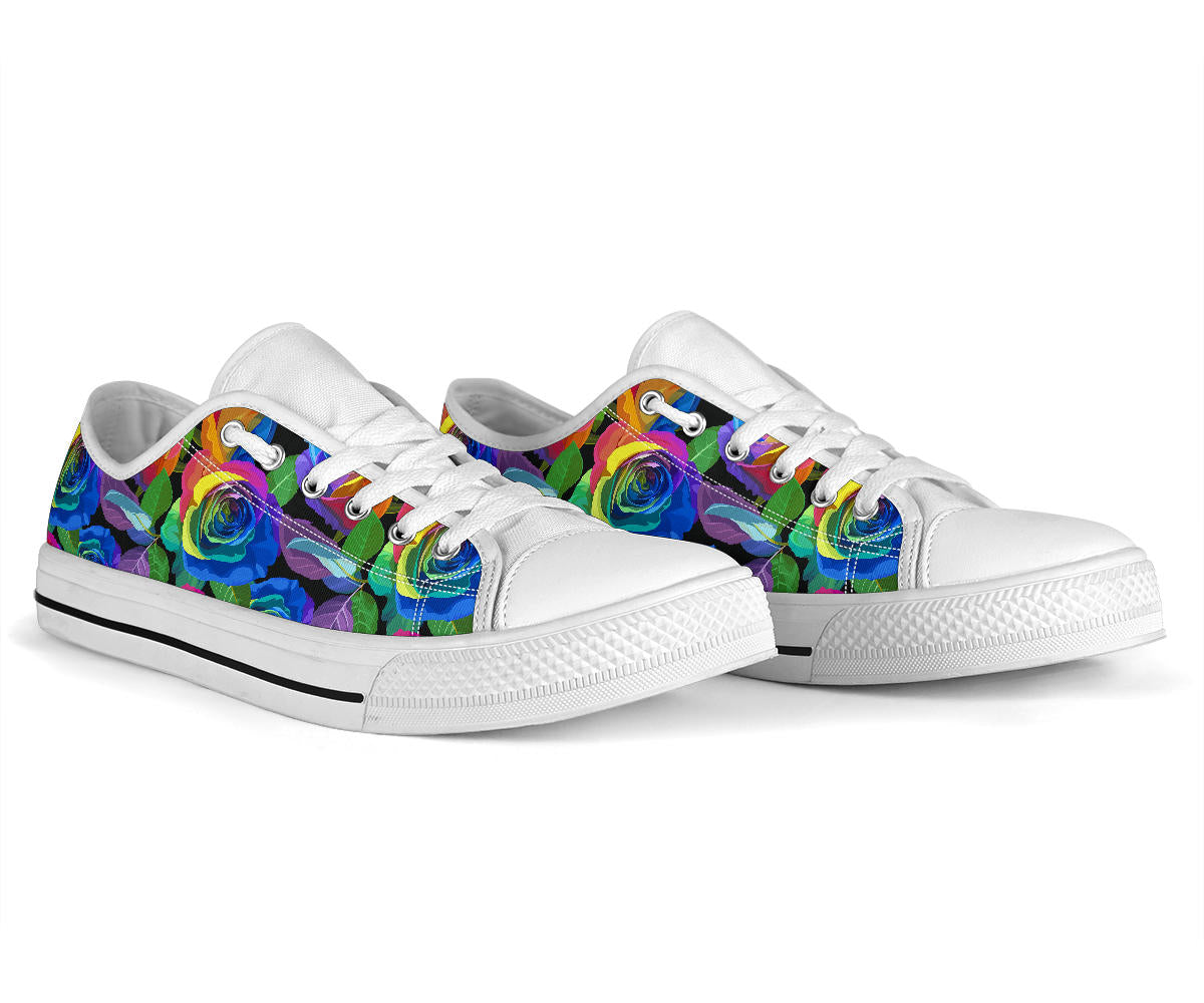 Rose Pattern Print Design RO02 White Bottom Low Top Shoes