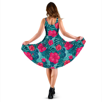 Red Hibiscus Pattern Print Design HB017 Midi Dress